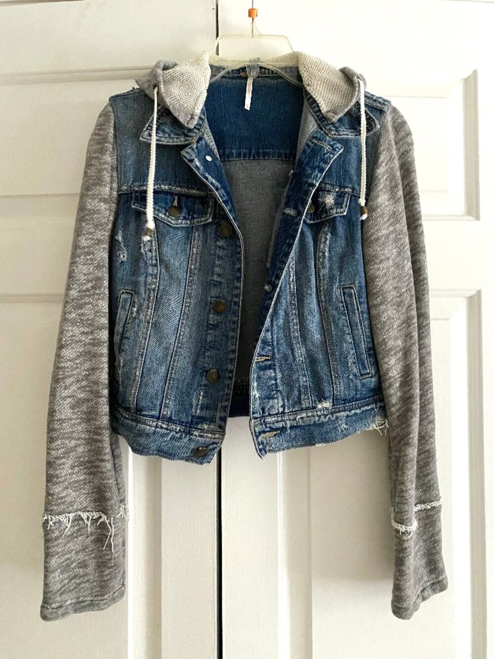 Free People Blue Denim Jacket with Gray Knit Hood & Sleeves XS
